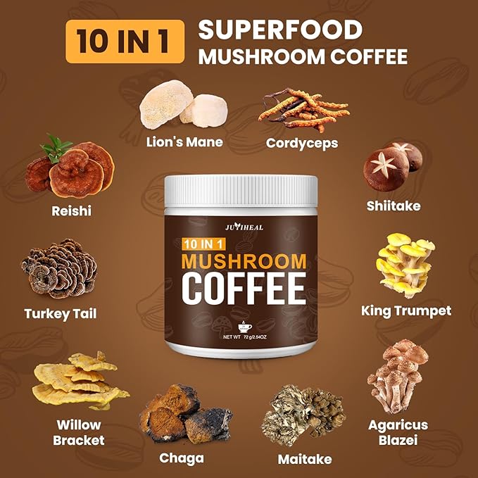 JUYIHEAL Mushroom Coffee, 10 in1 Mushroom Powder Coffee with Lions Mane, Chaga, Reishi, Cordyceps, Maitake, Shiitake, and Turkey Tail for Energy, Focus, Immune Support, 72g