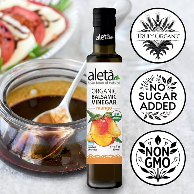 Aleta Farms Balsamic Vinegar, Mango Infused Organic Balsamic Vinegar, Aged, Flavored, USDA Organic, Glass Bottle, Product of Greece, 8.45 oz (Mango)
