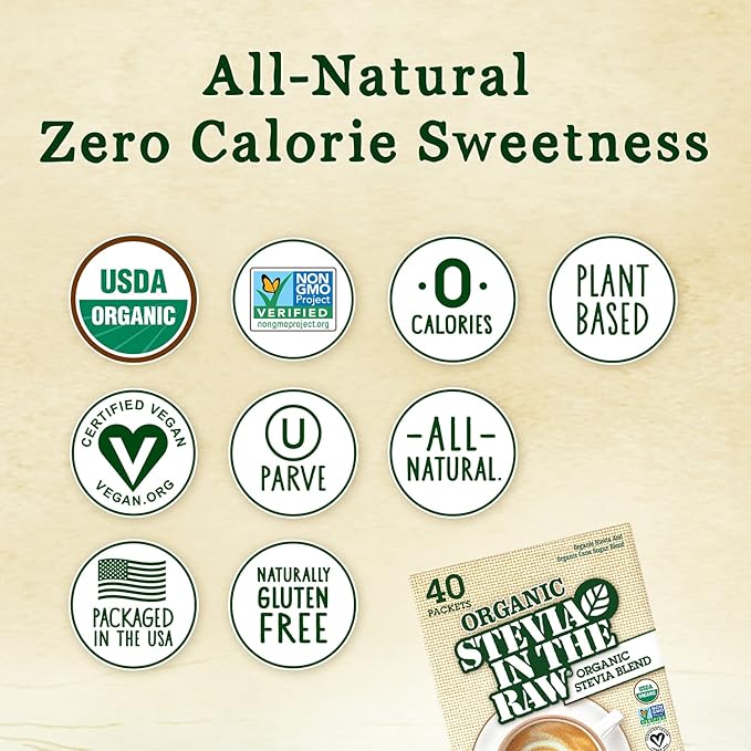 Organic Stevia In The Raw, Plant Based Zero Calorie Natural Sweetener, Sugar Substitute, Sweetener for Coffee, Hot & Cold Drinks, Non-GMO, Vegan, Gluten-Free, 40 Count Packets (Pack of 5)