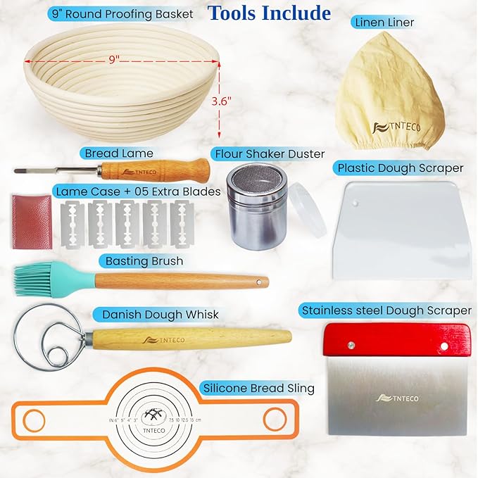 Banneton Bread Proofing Basket, Sourdough Bread Baking Supplies, Sourdough Starter Kit with 9 Inch Banneton Baskets, Silicone Bread Sling, 5 Bread Lame, Scoring Lame, Scraper, Dough Whisk
