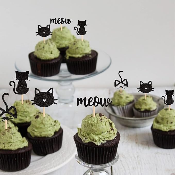 24 Pack Cat and Meow Cupcake Toppers Black Glitter Kitten Cat Cupcake Food Picks Cat Lover Kitten Theme Baby Shower Kids Birthday Wedding Party Cake Decorations Supplies