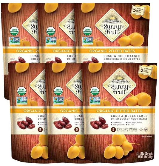 Sunny Fruit Organic Dried Pitted Deglet Nour Dates - 6 Bags (30 Individual Portion Packs) | No Preservatives, No Sugar Added | Healthy, Convenient Superfood Snack Packs | ORGANIC, NON-GMO, HALAL, KOSHER