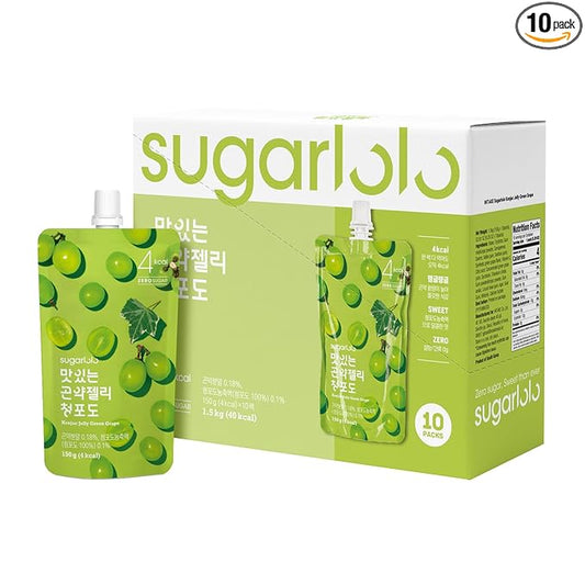 Sugarlolo Konjac Sweet Green Grape Jelly Snack - Vegan Jello with Zero Sugar | Only 4 Calories per Pouch | Low Calorie Korean Snacks5.29 Oz (150g) | 10 Pack