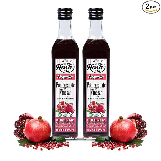 De La Rosa Organic Pomegranate Vinegar, Pure & Unfiltered, Vegan, Gluten Free & Kosher, Great for Salad Dressing, Marinades, 100% Pure Pomegranate Vinegar 16.9 Oz (pack of 2)