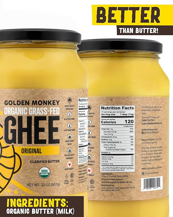 GOLDEN MONKEY Organic Ghee Butter ??Grass Fed Clarified Butter for Cooking, Baking, Keto & Gut Health ??Ghee Butter Organic Grass Fed from Small Farms ??Smooth Spread with High Smoke Point (32oz)