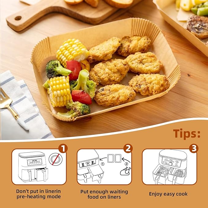 Air Fryer Paper Liners for Dual Zone Airfryer, 200pcs 8.1x5.5 inch Rectangle Disposable Inserts for Ninja Foodi DZ201 DZ401 DZ550 other 8-10 qt 2-Basket Air Fryers, Food Grade BPA Free