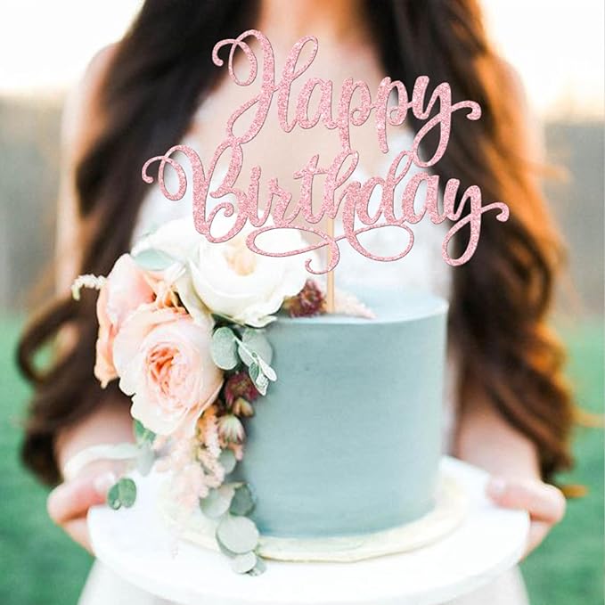 1 PCS Happy Birthday Cake Topper Glitter Happy Birthday Cake Pick Bunting Decor for Anniversary Celebrating Happy Birthday Party Cake Decorations Supplies Light Pink