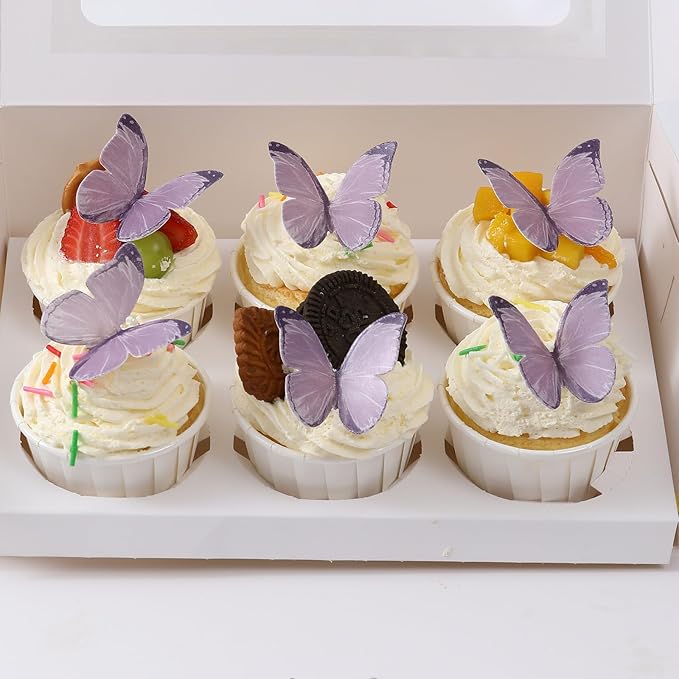 THJ Butterfly Cupcake Toppers 48Pcs Purple Edible Butterflies Cake Toppers Wafer Paper Butterflies for Birthday Party Wedding Anniversary Cupcake Cake Decorations Supplies