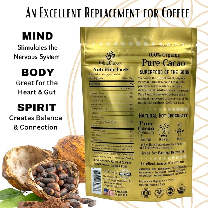 Ohm Raw Cacao Powder Organic Pure Unsweetened | Natural Source of Magnesium & Iron | Organic Chocolate Baking Powder/Drink Mix (33 Servings)