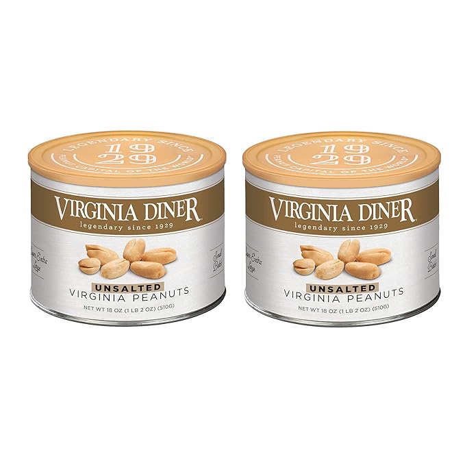 Virginia Diner Unsalted Gourmet Peanuts Blister Roasted XL Virginia Nuts All Natural VA Peanuts 18oz (2 Pack)