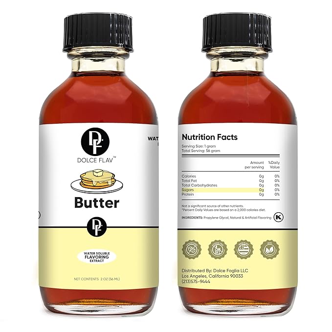 Dolce Flav Butter Extract ??2 Ounce Water-Soluble Kosher, Sugar-Free, Concentrated Imitation Butter Flavor for Baking, Cookies & Frostings, Includes Measured Dropper