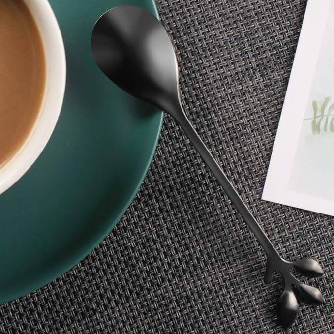 AnSaw Elegant Black Leaf Coffee Spoons - 10-Piece, 4.7" Mini Stainless Steel Espresso & Dessert Tea Spoons, Perfect for Demitasse & Small Servings