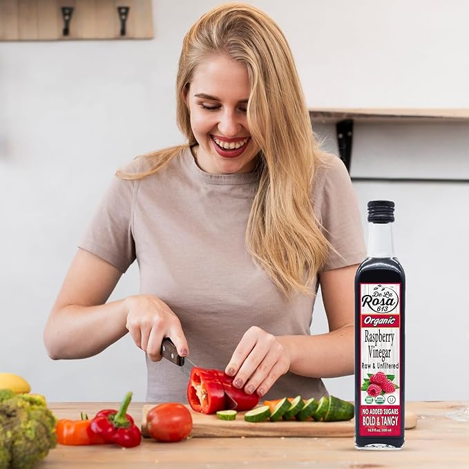 De La Rosa Raspberry Vinegar Organic, Raw & Unfiltered Pure Vinegar, Vegan, Gluten Free & Kosher, Raspberry Vinaigrette Salad Dressing & Marinades, Raspberry Vinaigrette 16.9 Oz (Pack of 2)