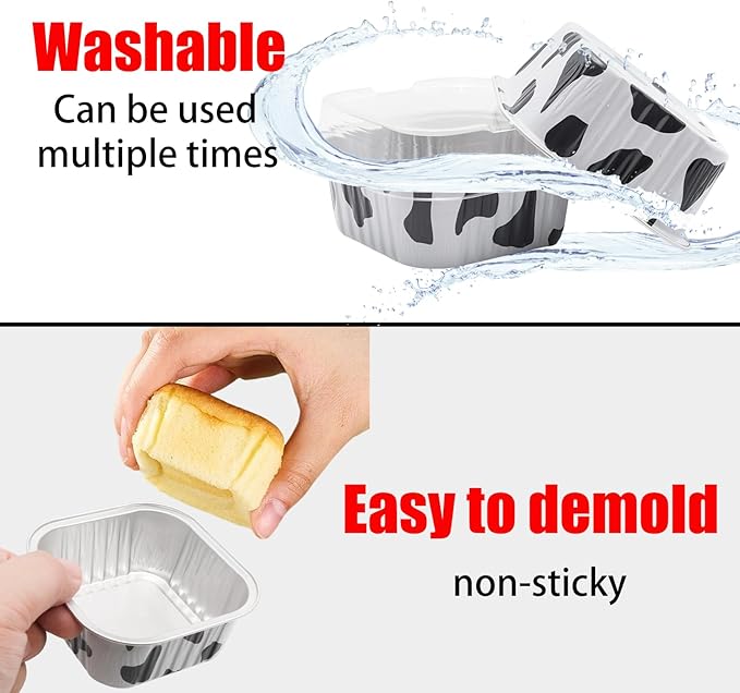 100 Pack 5oz Aluminum Pans with Lids Mini Square Foil Baking Cups with Lids Cupcake Baking Holders, Cow Print