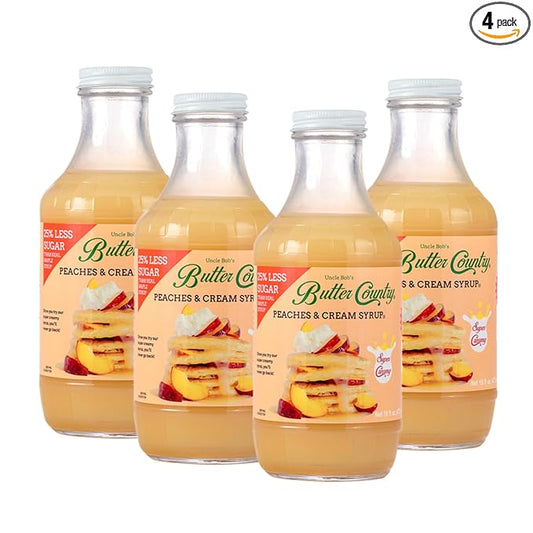Butter Country Rich & Creamy Peach Syrup for Pancakes and Waffles, All Natural Fruity Topping Use on Drinks, Desserts, French Toast - 16oz Bottle, 4 Pack