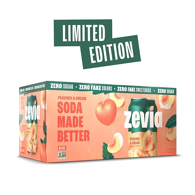 Zevia Zero Sugar Soda, Peaches and Cream, 12 oz Cans (8-Pack) ??Caffeine Free, Naturally Sweetened, No Calorie Soda - Non-GMO Project Verified, Gluten-Free, Vegan