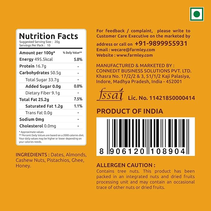 Farmley Protein Dates Bars Jars| Dates Bite with No Added Sugar | Made with Zero Added Sugar | Dates, Pistachio, Cashews, Almonds, Honey | Healthy Protein Bars 200 g (Pack of 10) (7.05 Oz)