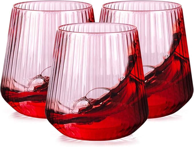 30 Pack Pink Plastic Ribbed Wine Glasses, 14 OZ Origami Stemless Disposable Wine Champagne Whiskey Glasses Unbreakable Clear Plastic Cocktail Glasses, Reusable Wine Cups for Party Wedding & Christmas