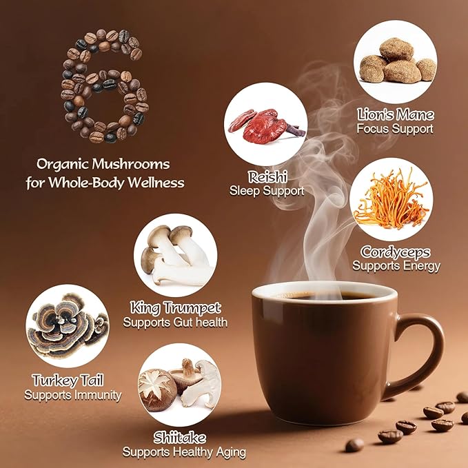 Organic Mushroom Coffee for Energy, Focus, Immunity & Digestion ??Instant Coffee & 6 Mushrooms: Cordyceps, Reishi, King Trumpet, Shiitake, Turkey Tail & Lion?™s Mane (1 Count (Pack of 1), 30 Servings-Medium Roast)