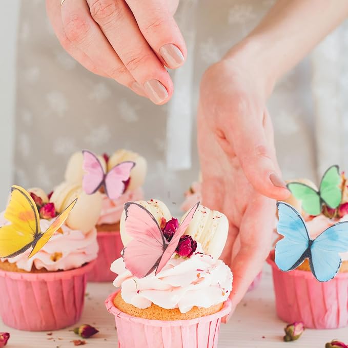 48Pcs Edible Butterfly Cake Decorations, Colorful Wafer Paper Butterflies Cupcake Toppers, Vivid Edible Butterflies for Wedding, Anniversary, Birthday Party Cake Decoration (Mixed Colors)