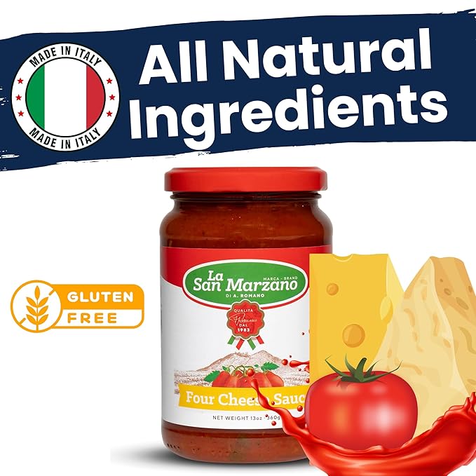 La San Marzano Four Cheese Sauce, 13 oz, Pasta Sauce Made in Italy, All Purpose Tomato Premium Quality, All Natural, Non GMO, Gluten Free