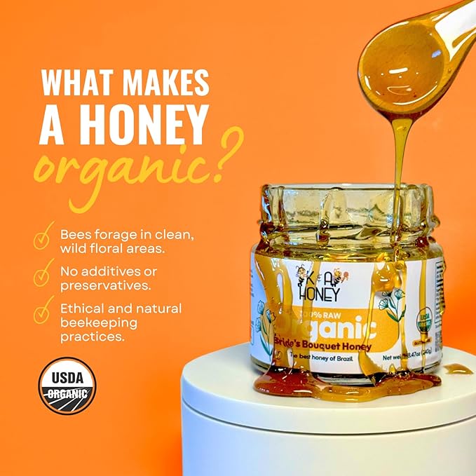 Organic Honey, 100% Pure, Raw Monofloral Brides Bouquet Honey, USDA Certified. Rich in Natural Antioxidants, Premium, No Additives - 8.47 oz