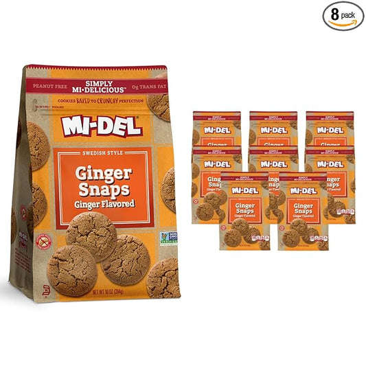 Mi-Del Ginger Flavored Snaps - Crunchy Ginger Cookies - Swedish Ginger Snaps Cookies Old Fashioned - Non-GMO Certified, 0g Trans Fat, Healthy Cookies (Pack of 8)