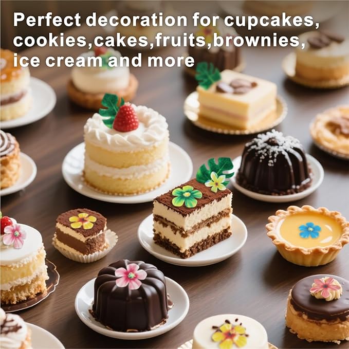 83 Pcs Edible Flowers Cake Decorations, Tropical Cupcake Toppers, Hawaiian Cake Decorations, Tropical Leaves & Edible Flowers for Hawaiian Birthday, Jungle Theme Birthday Party Decoration Supplies