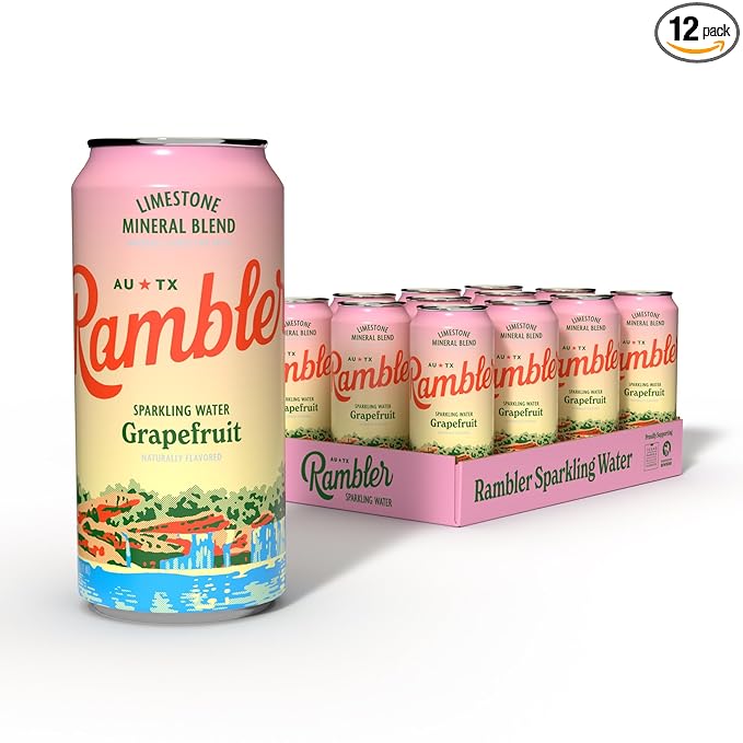 AUTX RAMBLER Sparkling Water, Texas Limestone Mineral Blend, Grapefruit Flavor, 16-Ounce Tallboy Cans, 12-Pack