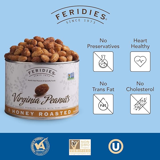 FERIDIES Honey Roasted Extra Large Giant Virginia Peanuts, 18oz Vacuum Can, Gourmet Snack 18oz (Pack of 1)