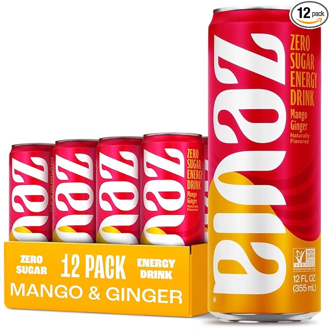 Zevia Zero Sugar Energy Drink, Mango Ginger, 12 oz Cans (12-Pack) – Naturally Sweetened, Zero Calorie Sugar Free Energy - Non-GMO Project Verified, Gluten-Free, Vegan