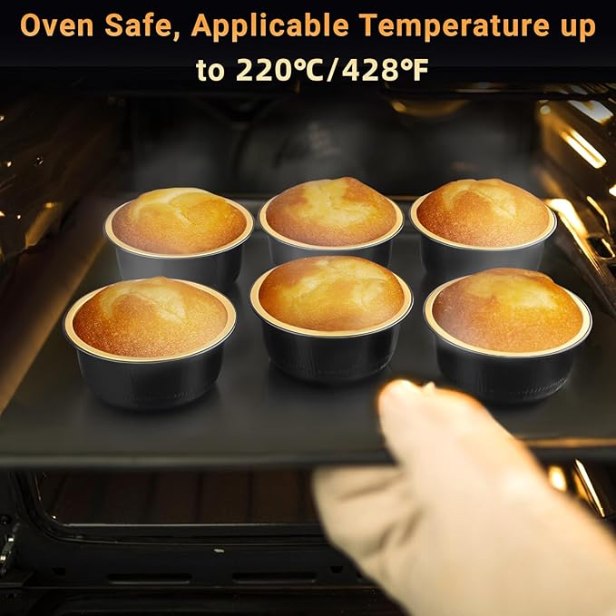 Beasea Aluminum Foil Ramekin Cups With Lids, 50 Pack 6.1oz 180ml Mini Disposable Foil Ramekins Aluminum Round Oven Baking Cupcake Cups for Party - Black Gold