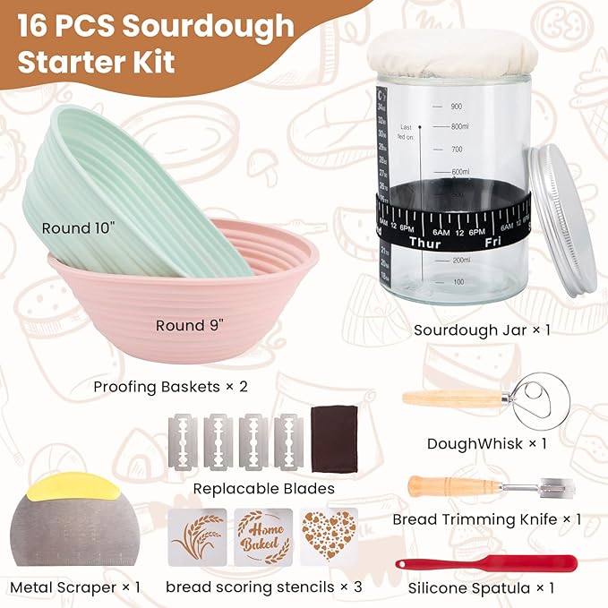 Sourdough Bread Starter Kit, Bread Proofing Basket - 9 Inch Round & 10 Inch Oval Foldable, Glass Sourdough Starter Jar Kit & Tons of Sourdough Bread Baking Supplies