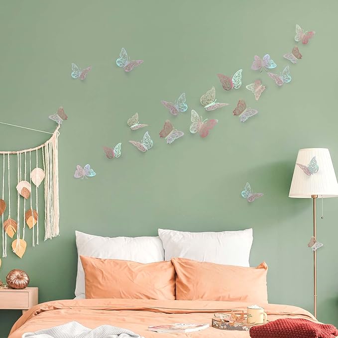72 Pcs Butterfly Decorations, 3 Sizes 3 Styles, Butterfly Wall Decor, Butterfly Party Decorations, Birthday Decorations, Butterflies for Crafts, Cake Decorating, Wall Stickers Room Decor(Rainbow Pink)