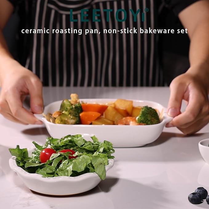 LEETOYI Ceramic Small Baking Dish, Porcelain 2-Piece Rectangular Bakeware with Double Handle, Baking Pans for Cooking and Cake Dinner 7.5"×5 (White)