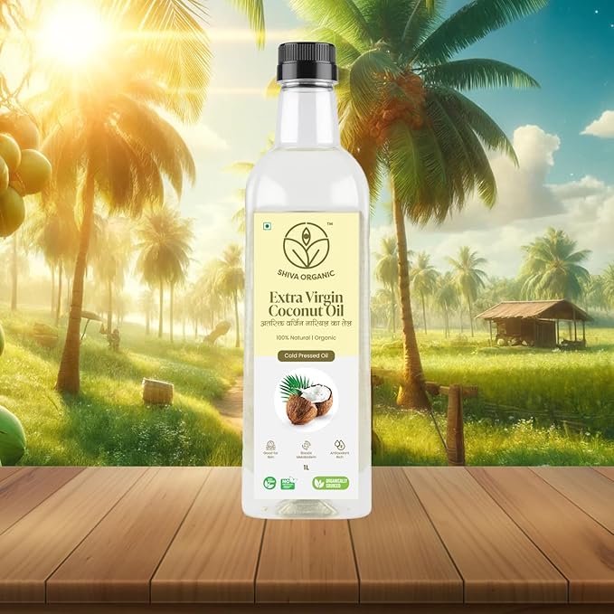 Shiva Organic Extra Virgin Coconut Oil - 100% Natural, USDA Certified Organic - 1L (33.8 fl oz)) for Cooking, Beauty, and Holistic Wellness
