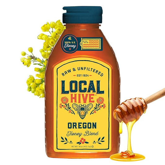 Local Hive Oregon Raw Unfiltered Honey – 16oz, 100% Pure US Honey, Sourced from American Bees and Beekeepers - Natural Sweetener, Ideal for Tea, Baking, and Cooking