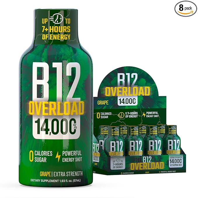 B12 Overload Extra Strength Energy Shot ??Grape ??260mg Caffeine, 14000% B12, Electrolytes ??Energy & Vitality Support ??Zero Sugar No Calories ??Vegan, Kosher, Gluten-Free ??1.93 fl oz, 8-Pack