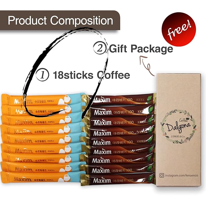 Korean Latte - Korean 3 in 1 Instant Coffee Variety Sample Packets with Gift Box Set, Maxim Supreme Gold Maxim instant Coffee 2 Mix Combination 18 Sticks