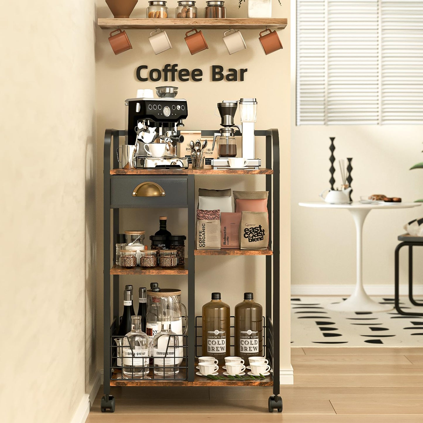 keomaisyto Coffee Cart with Storage Drawer, Coffee Bar Cabinet with Wheels, 4-Tier Adjustable