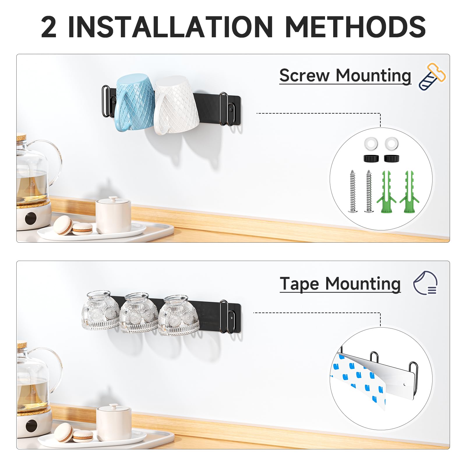 LOXSUN 2pcs Mug Holder Wall Mounted, Coffee Cup Holder with 4 Mug Hooks, Metal Cup Hanger Mugs
