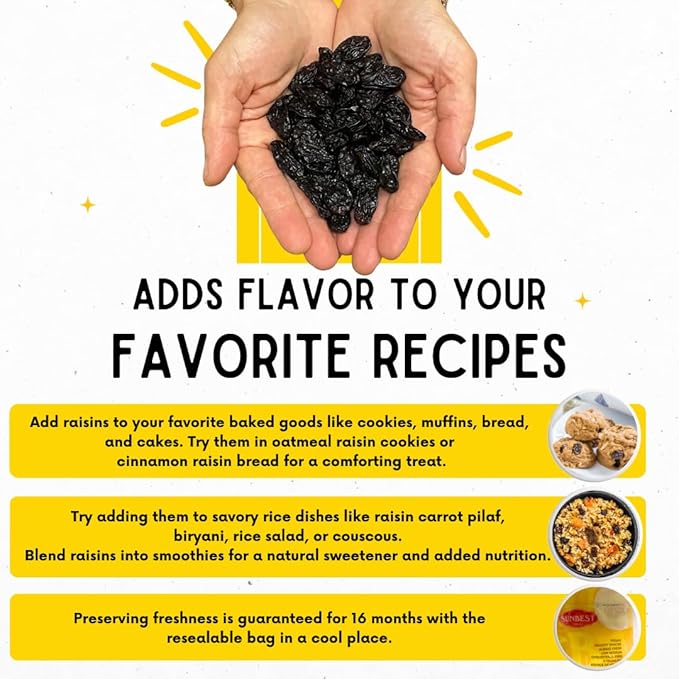Sunbest Natural Jumbo Black Raisins ??5 lb Bulk Bag (80 oz) ??Plump, Juicy & Nutrient-Rich ??High in Fiber ??Resealable, Perfect for Snacking, Cooking & Baking