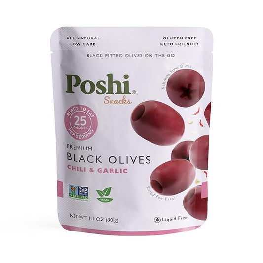 Poshi Marinated Kalamata Style Pitted Olives | Chili & Garlic | Vegan, Kosher, Gluten Free + Keto Friendly, Fresh, All Natural Low Calorie Healthy Snacks | (30 Pack, 1.1oz Bags)