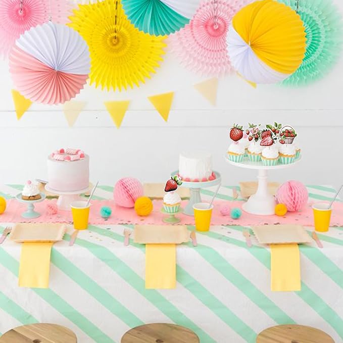 36 Pack Strawberry Cupcake Toppers Red Pink Strawberry Birthday Cupcake Picks Berry Strawberry Cupcake Decoration for Fruit Theme Baby Shower Kids Boys Girls Birthday Party Supplies