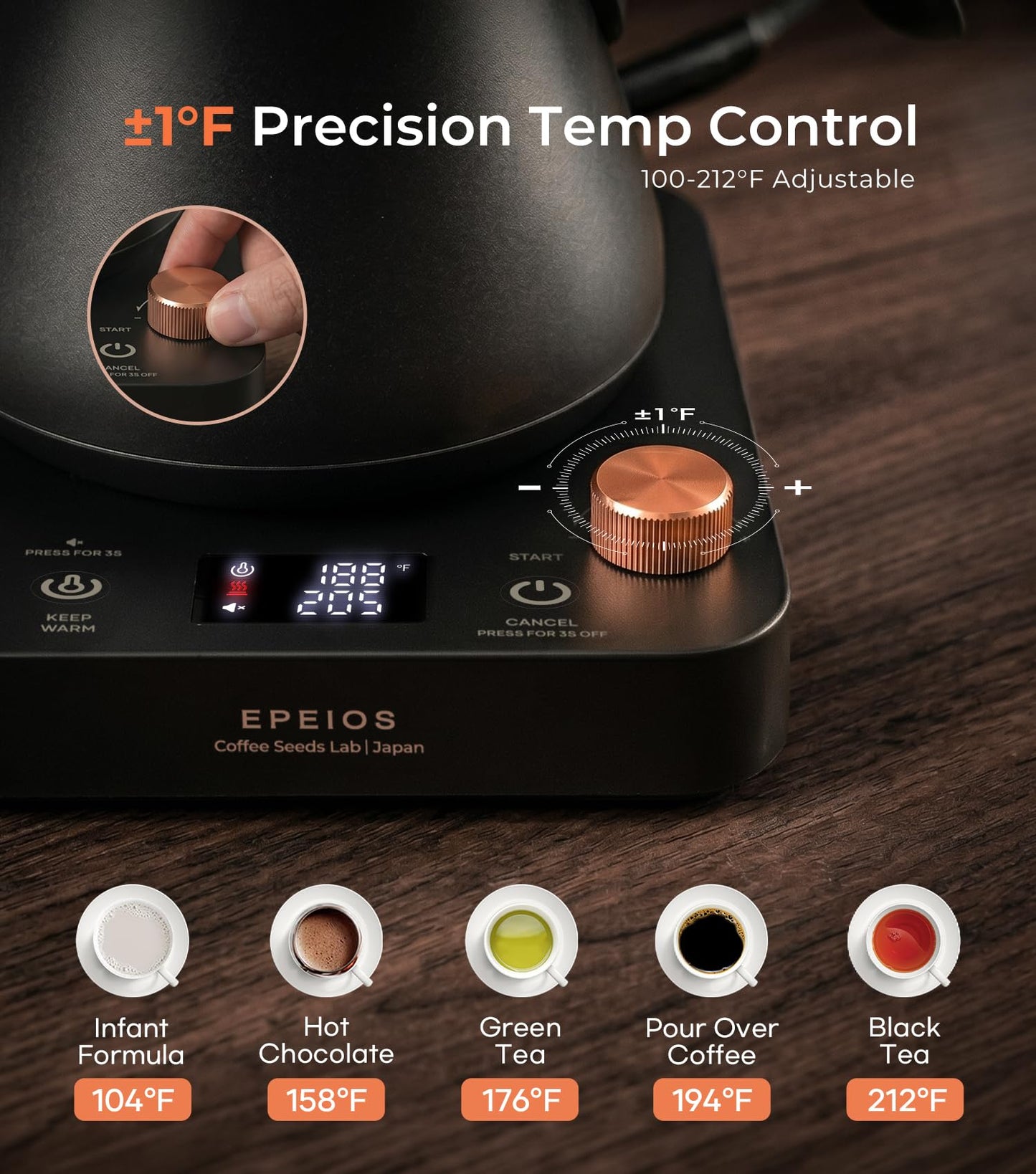 Epeios Gooseneck Electric Kettle ±1°F Temperature Control,1200W,0.9L,Black