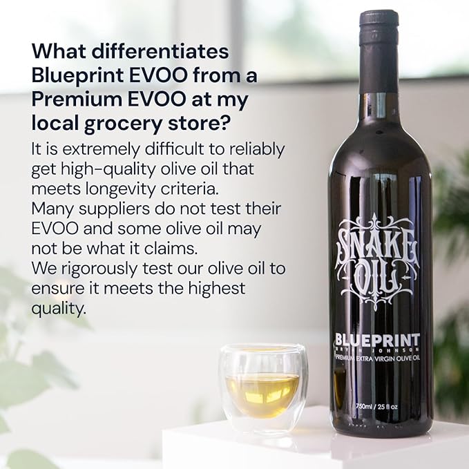 Blueprint by Bryan Johnson Olive Oil ??Snake Oil- High Polyphenol Extra Virgin Olive Oil (400+ mg/kg) ??Cold Pressed, Early Harvest, First Cold Press EVOO ??Keto, Paleo, Non-GMO ??2 Pack - 750ml Glass Bottle