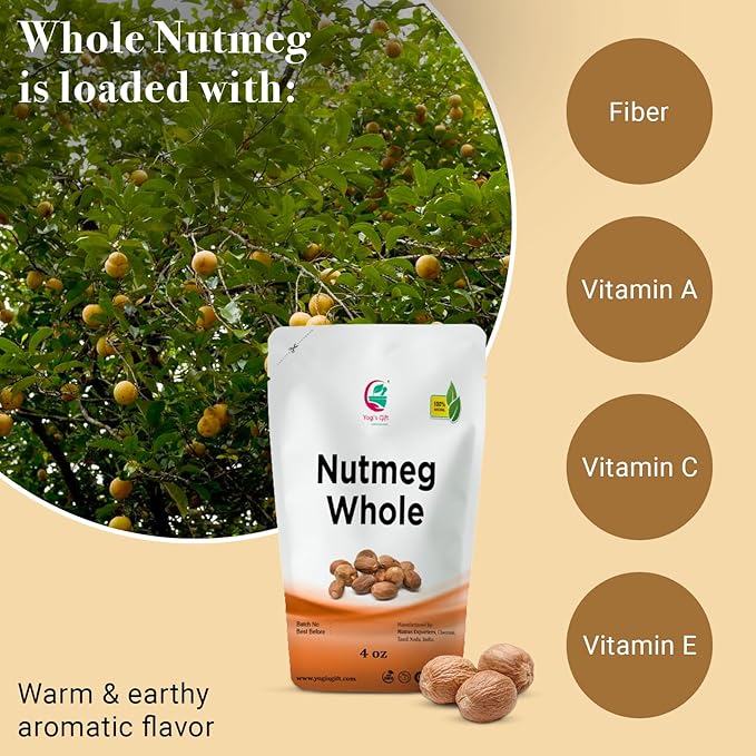Nutmeg Whole 4oz | Excellent Aroma and Incredible Flavor | Nuez moscada entera | Non- Gmo, Ethically Sourced | By Yogi's Gift짰