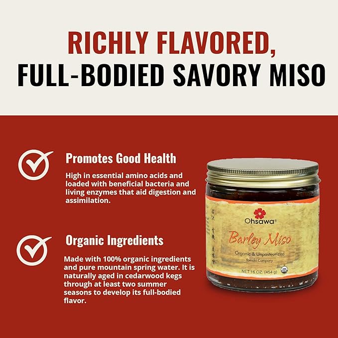 Ohsawa Yamaki - Organic 2-Year Unpasteurized Barley Miso, Macrobiotic, Vegan, Kosher, Fermented Soybean Paste, Rich Flavor, Traditional - 1 Lb