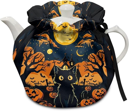 Black Cat Tea Cozy for Teapot Insulated Dust Proof Tea Pot Warmer for All Saints' Day Soft & Washable Teapot Dust Protector with Drawstring