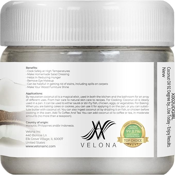 velona Coconut Oil 92 Degree 2 fl oz | 100% Pure and Natural Carrier Oil | in jar | Refined, Cold pressed | Skin, Face, Body, Hair Care | Use Today - Enjoy Results